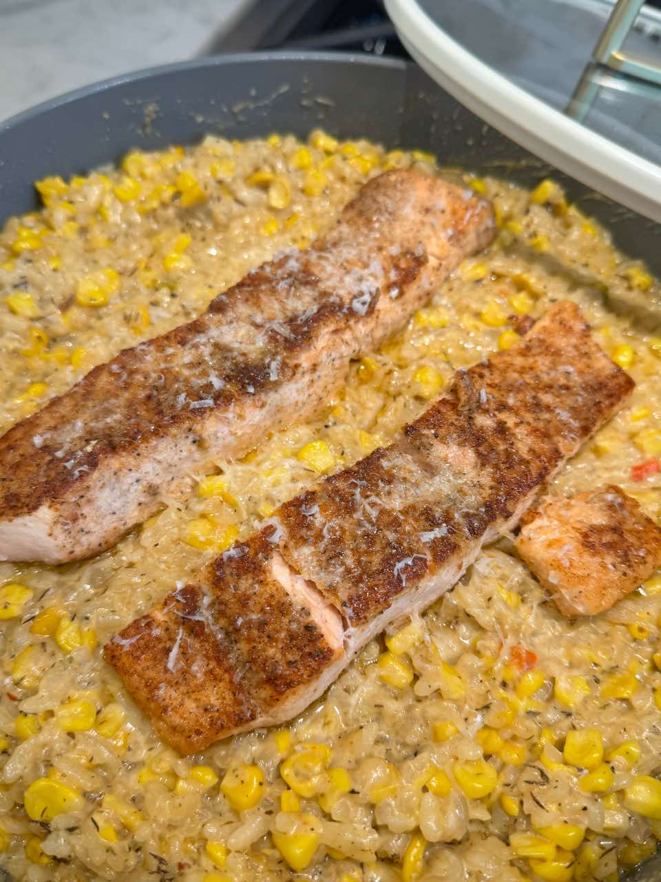 Cajun Salmon with Orzo Creamed Corn