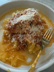 Crockpot Spaghetti Squash with Chicken Meatballs in Vodka Sauce