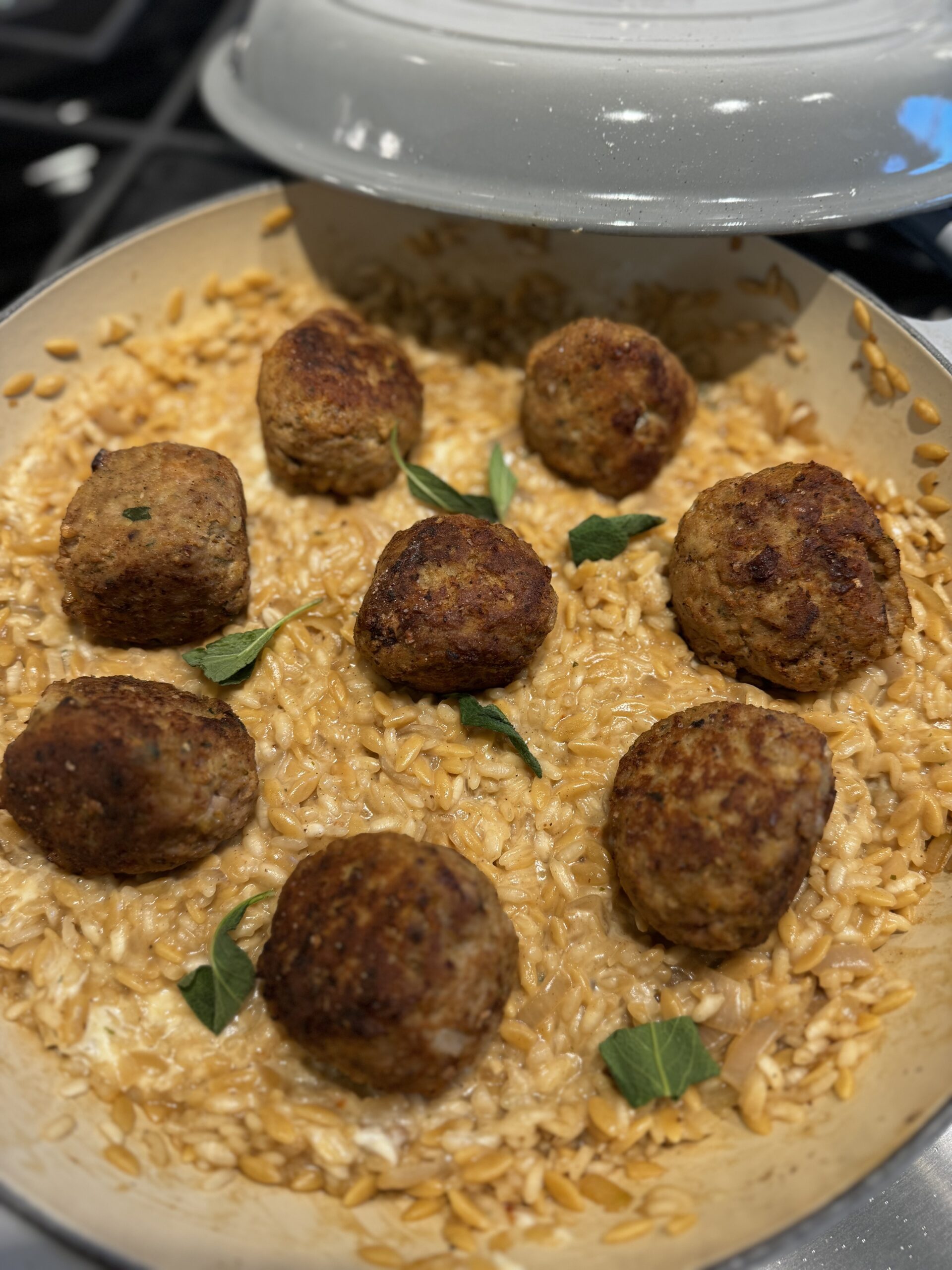 Turkey Sage Meatballs with Boursin Cheese Orzo