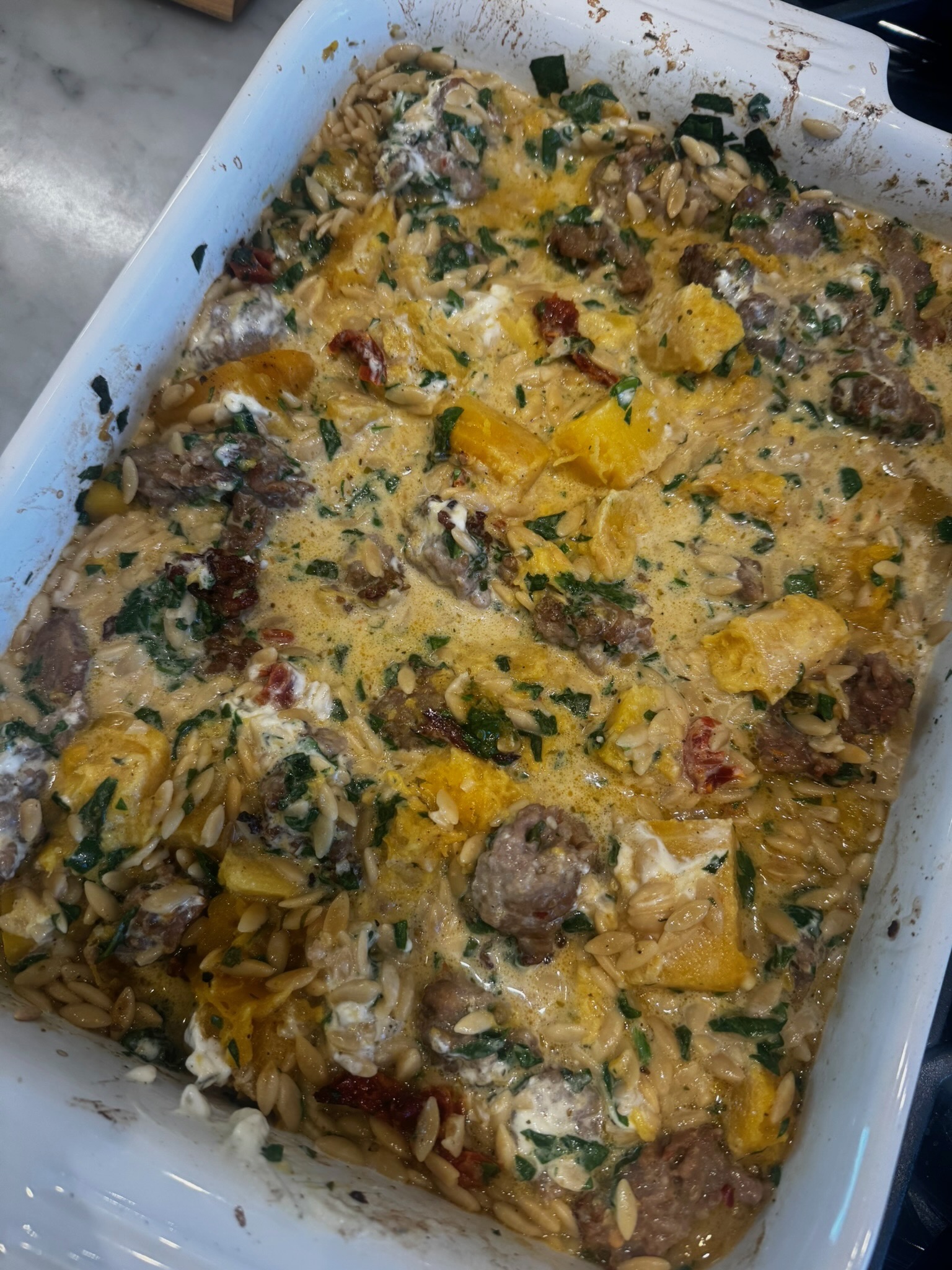 Butternut Squash and Orzo Casserole {Boursin and Italian Sausage}
