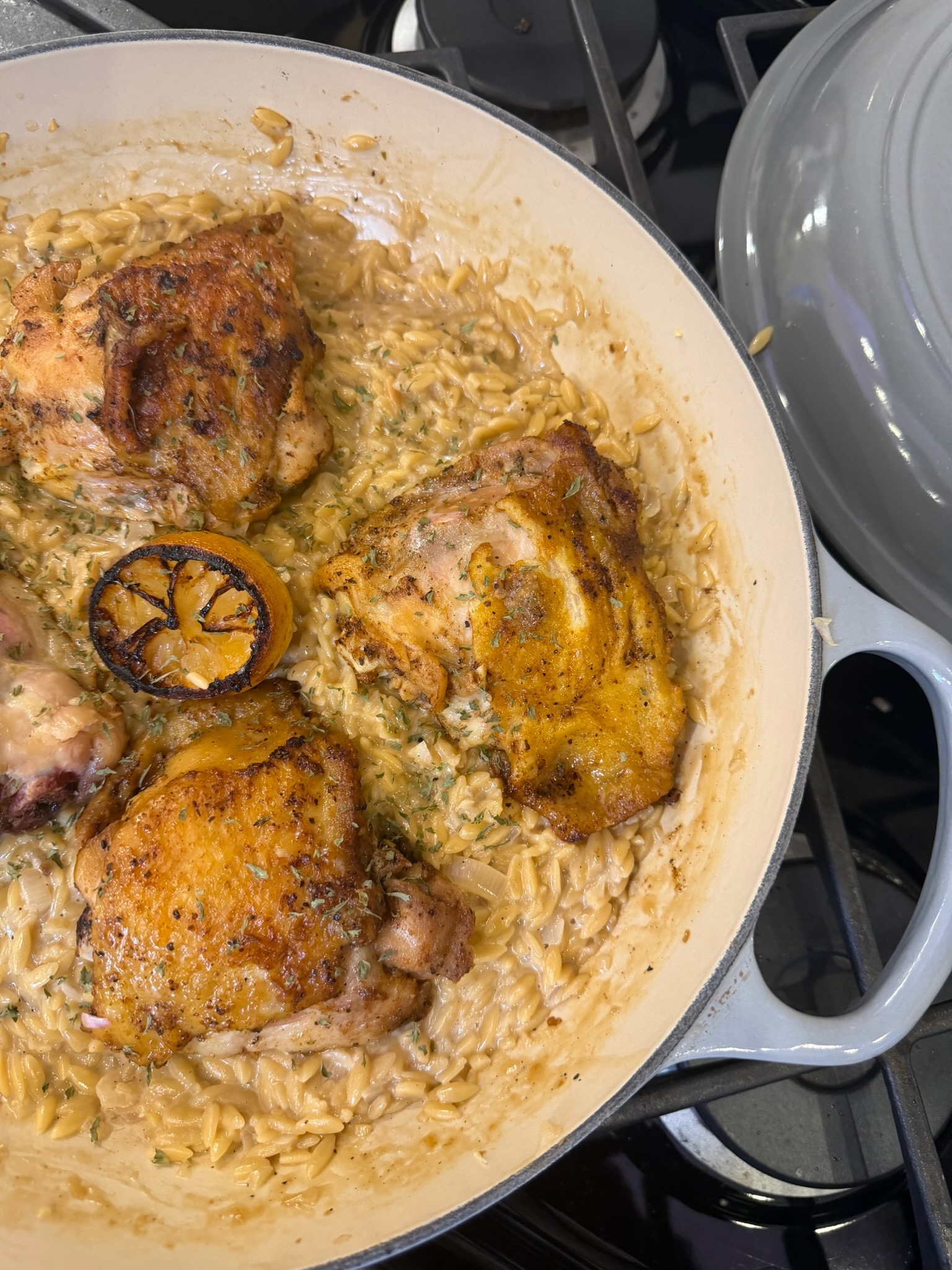 One Pot Creamy Lemon Chicken Thighs with Parmesan Orzo