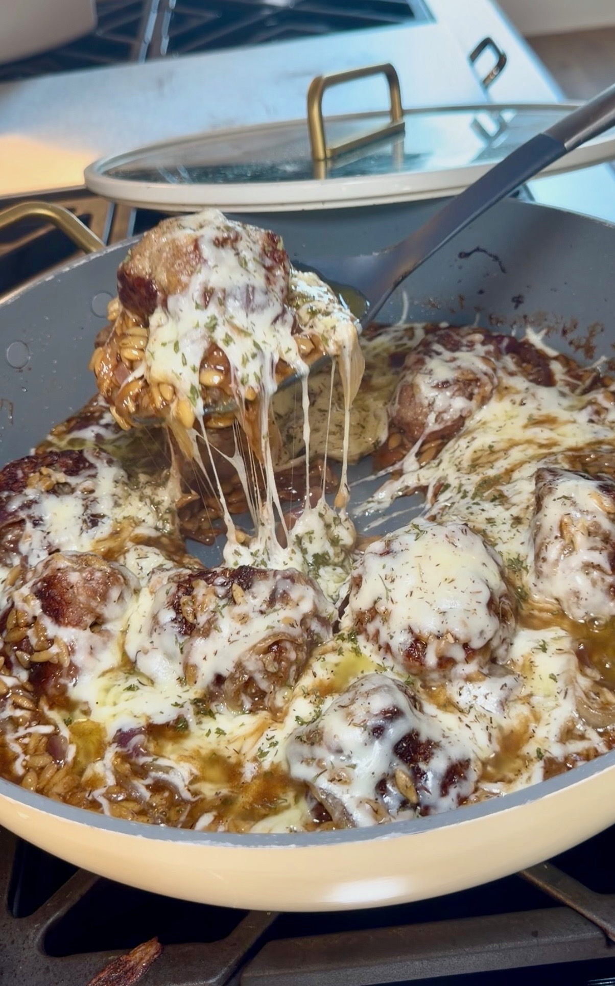 French Onion Meatballs with Orzo