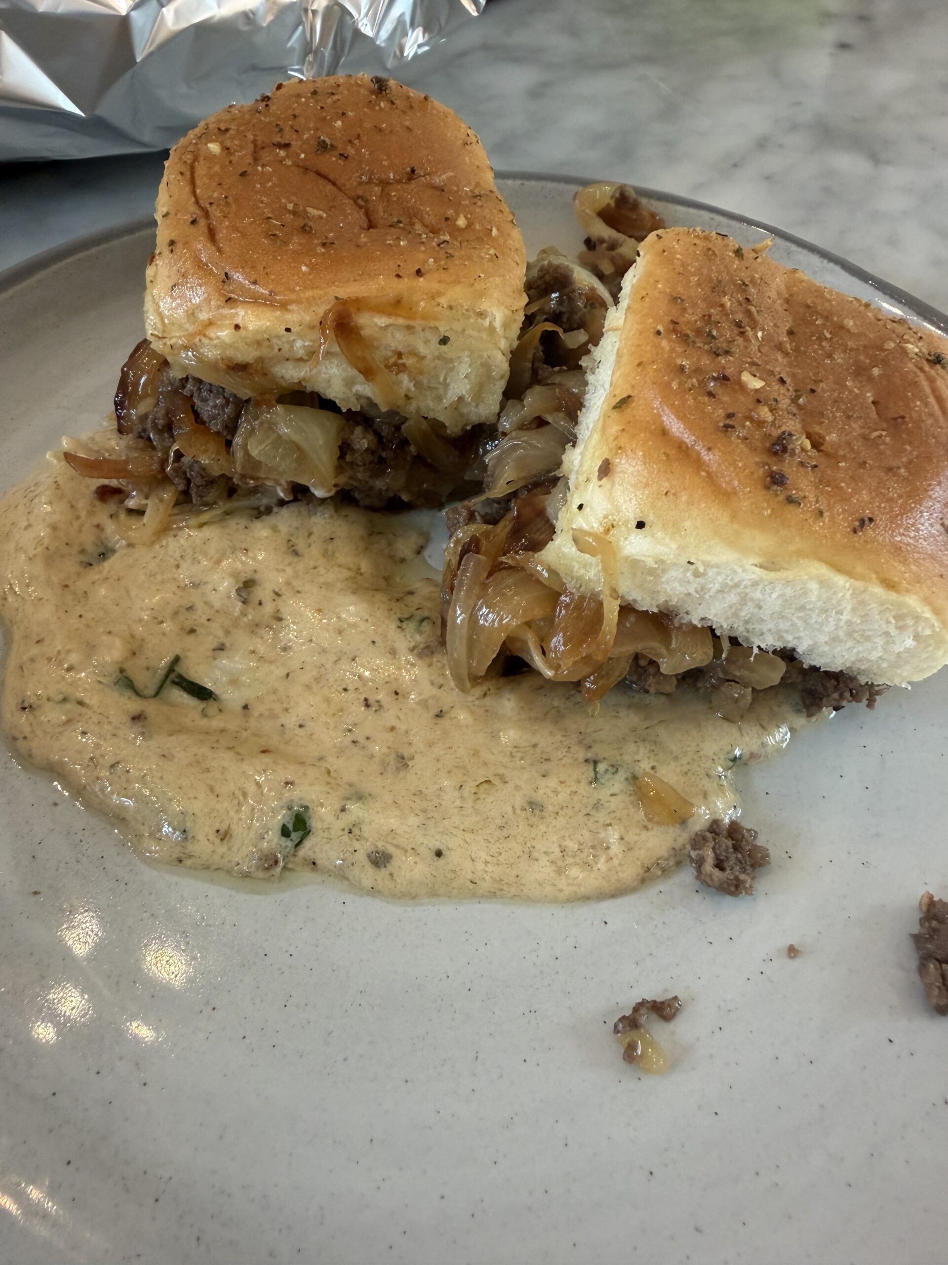Caramelized Onion Ground Steak Sliders with Creamy Parmesan Sauce