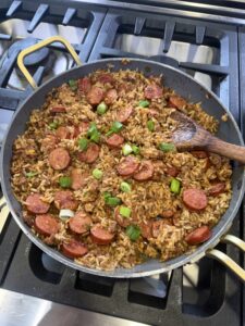 Cajun Smothered Sausage and Dirty Rice Skillet