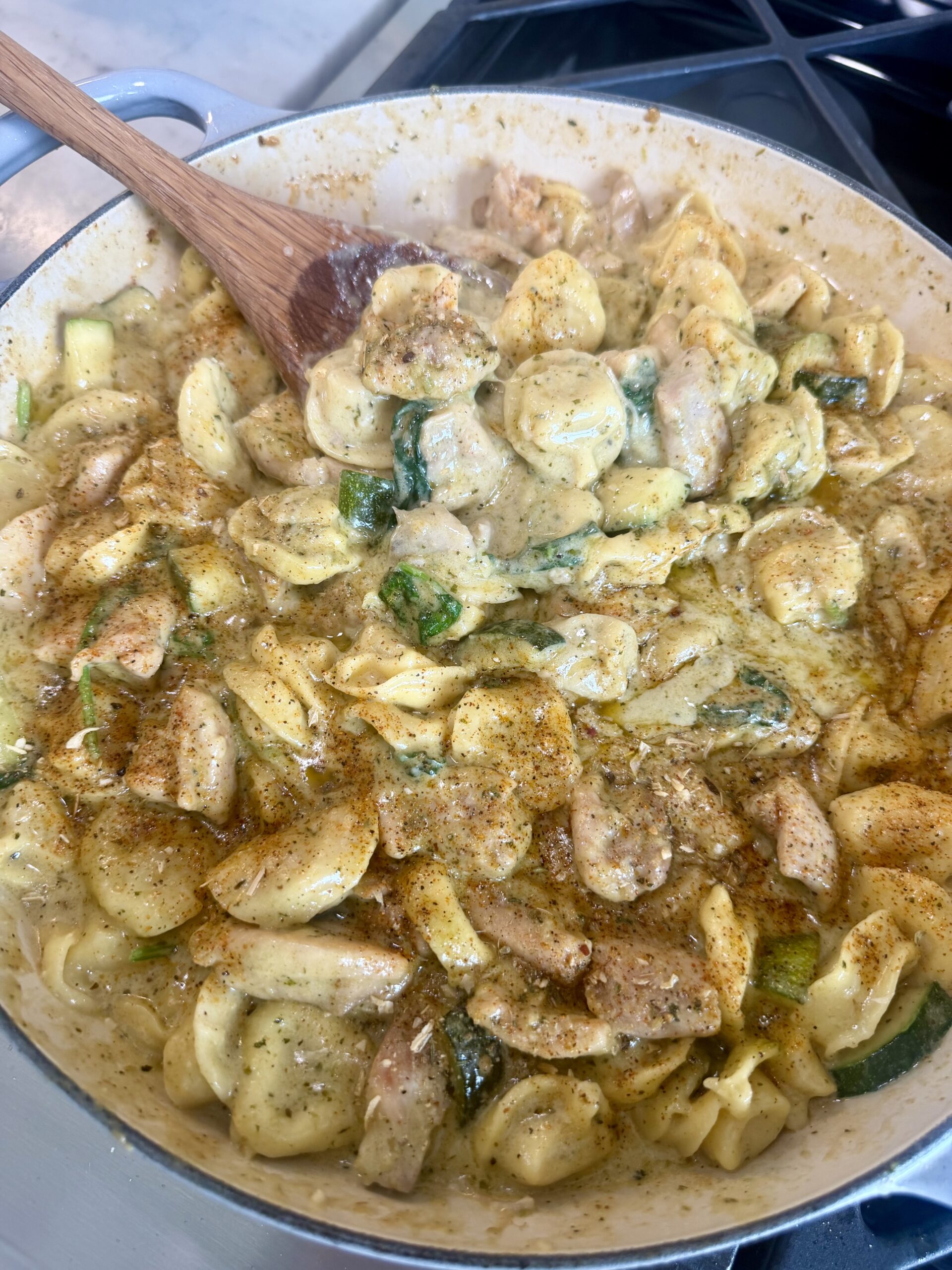 One Pot Creamy Pesto Chicken Tortellini Skillet