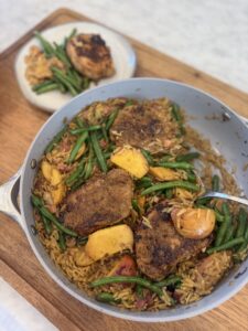 Brown Sugar Thyme Peach Pork Chops and Orzo Skillet