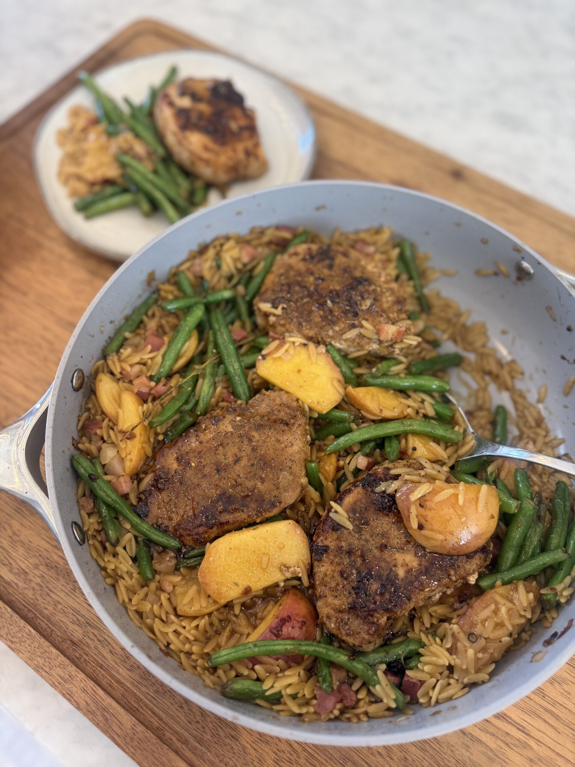 Brown Sugar Thyme Peach Pork Chops and Orzo Skillet