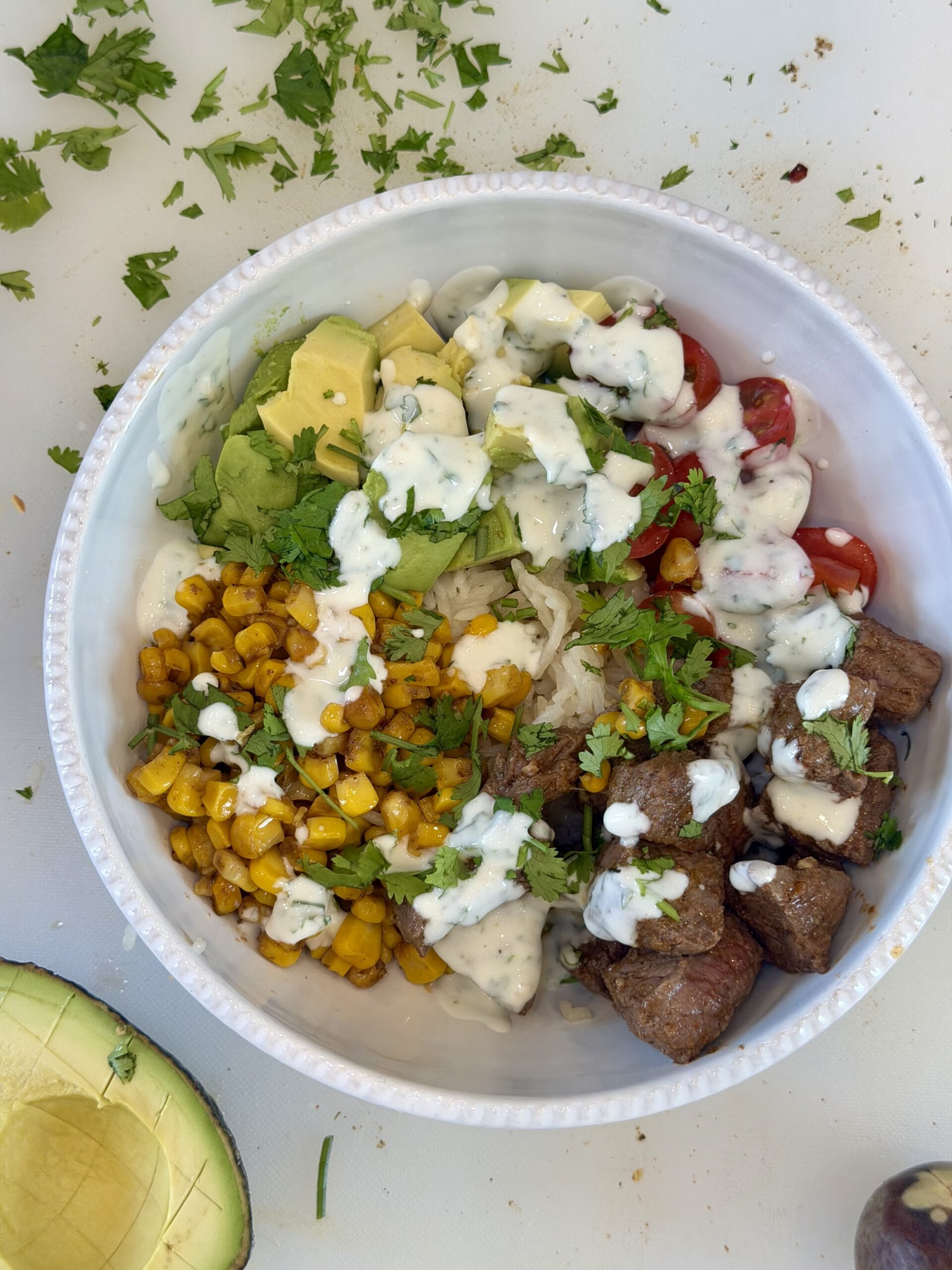 High Protein Steak Bowls with Creamy Cilantro Dressing