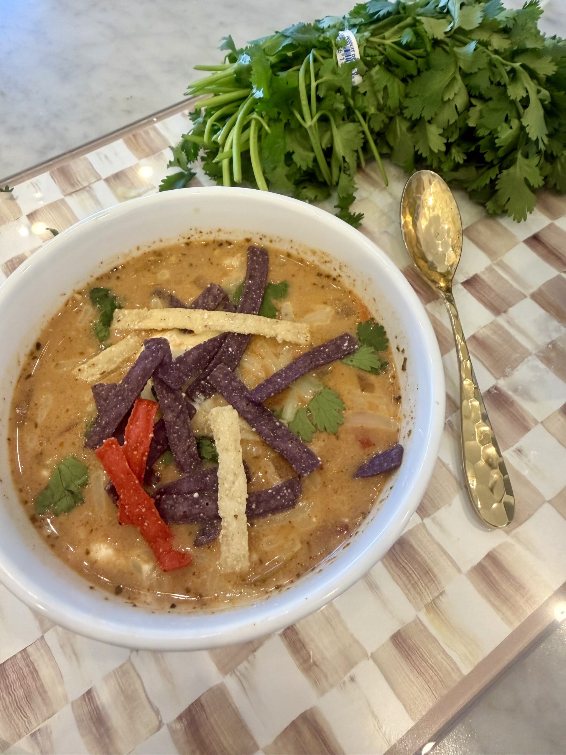 A bowl of creamy soup topped with colorful tortilla strips and cilantro, next to a gold spoon and a bunch of fresh cilantro on a checkered tray.