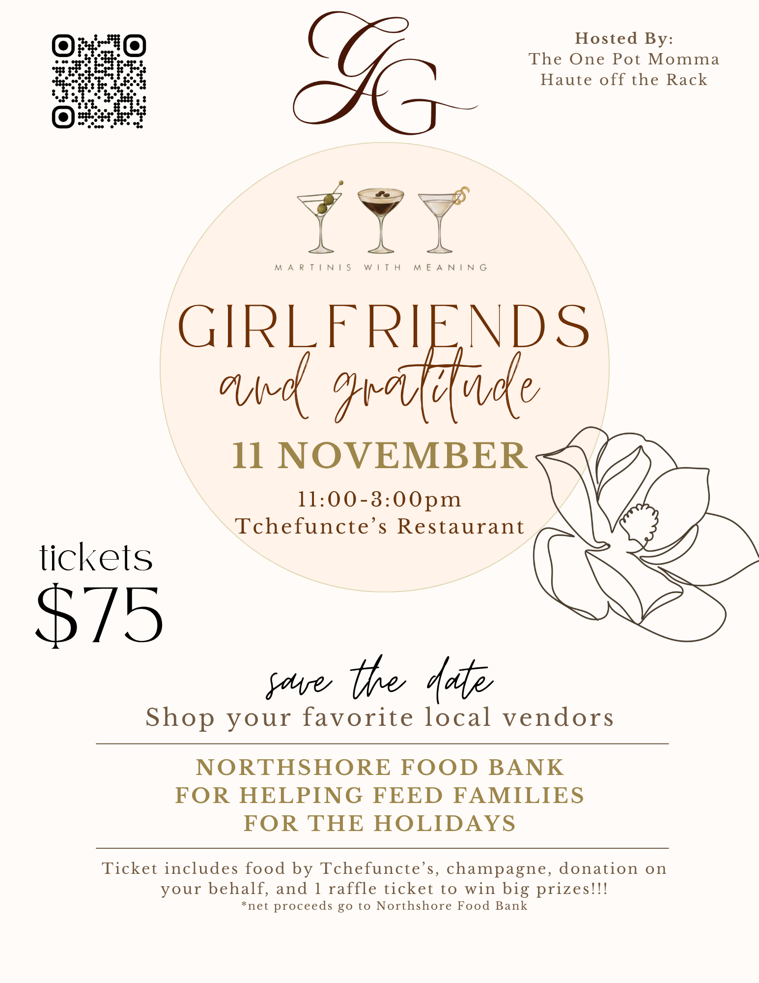 Girlfriends and Gratitude event flyer for November 11, 11:00 am to 3:00 pm at Tchefunctes Restaurant, featuring local vendors to benefit the Northshore Food Bank, with tickets priced at $75.